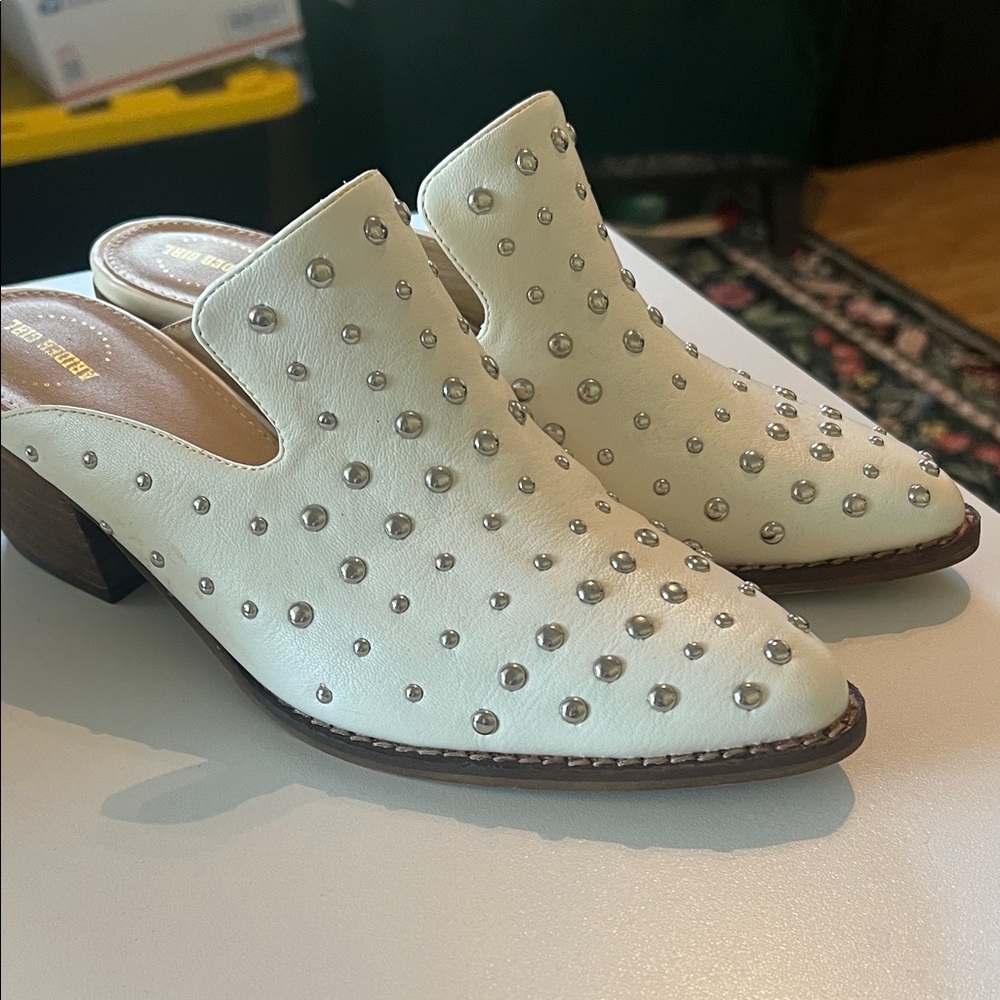 Studded White Leather Mule Heels - Women